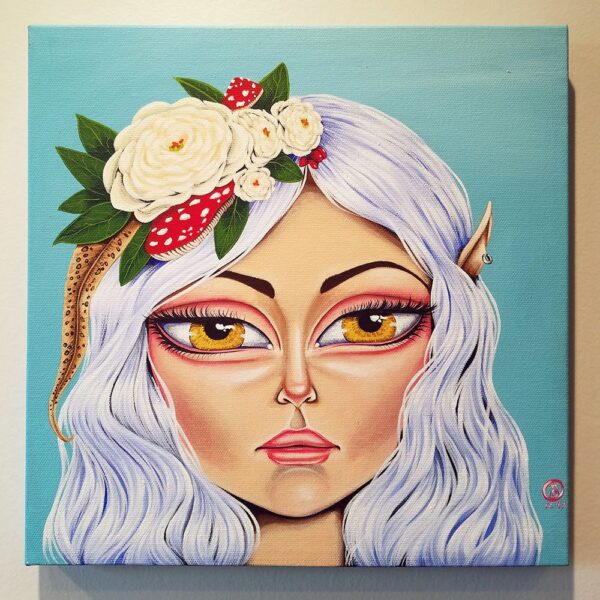 Original Acrylic Painting: Forest Elf with Mushrooms Fantasy