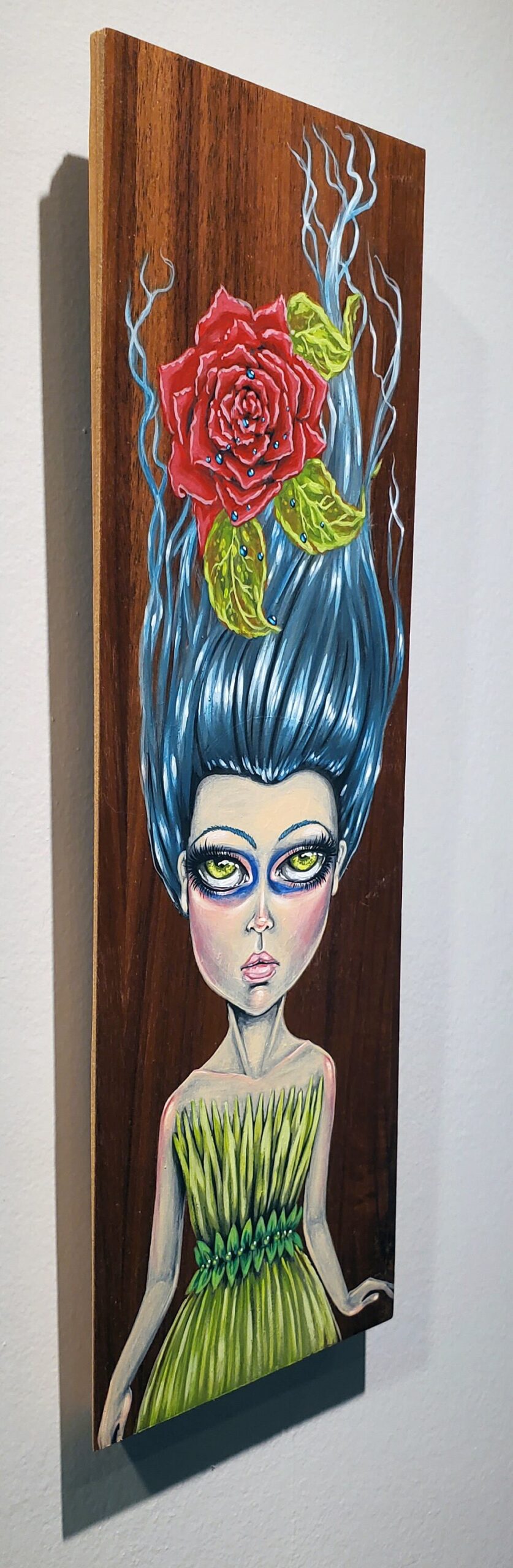 Untitled blue haired girl original acrylic painting on wood - Image 3