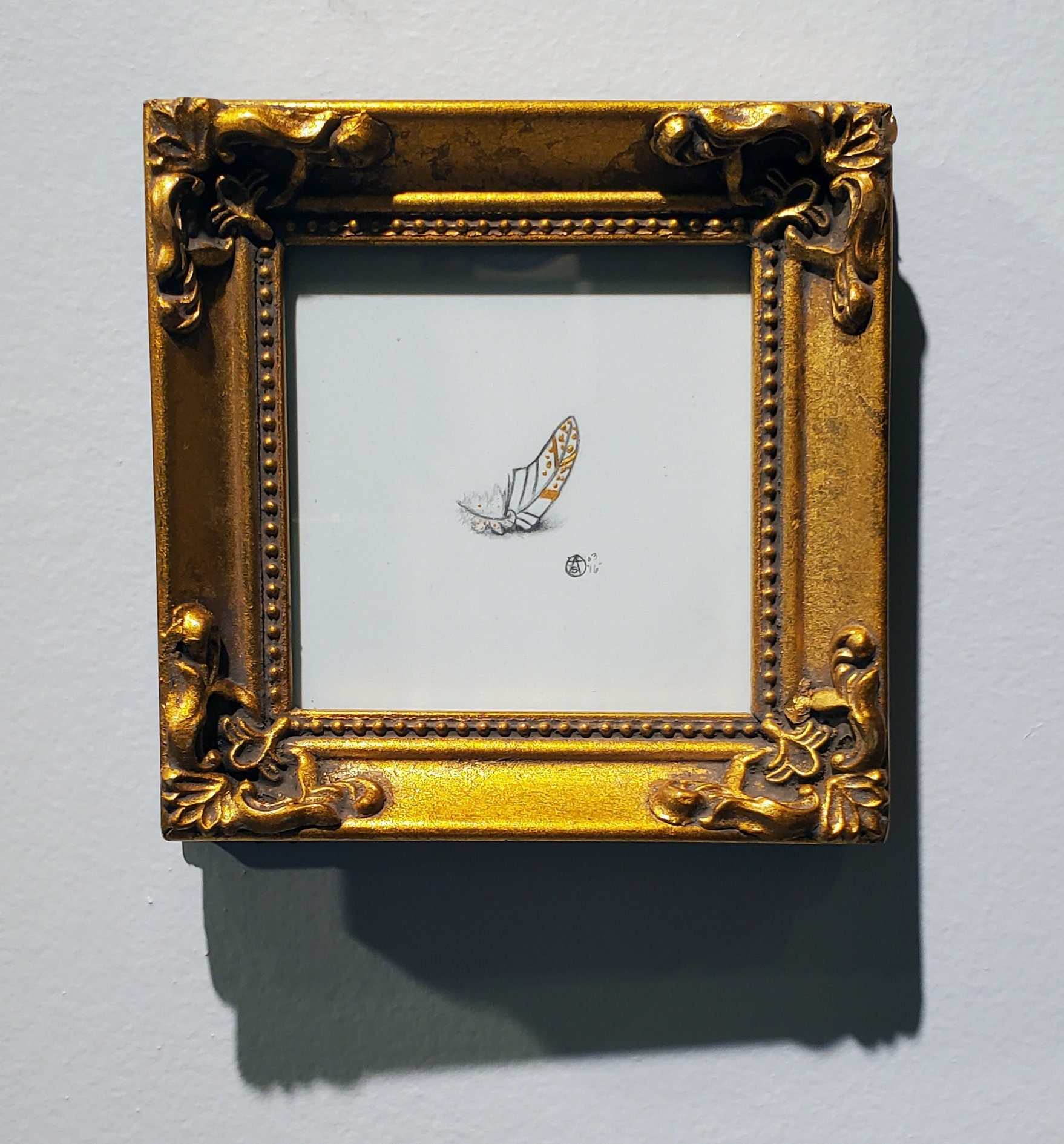 Gilded Feather Miniature Original Graphite Drawing Framed
