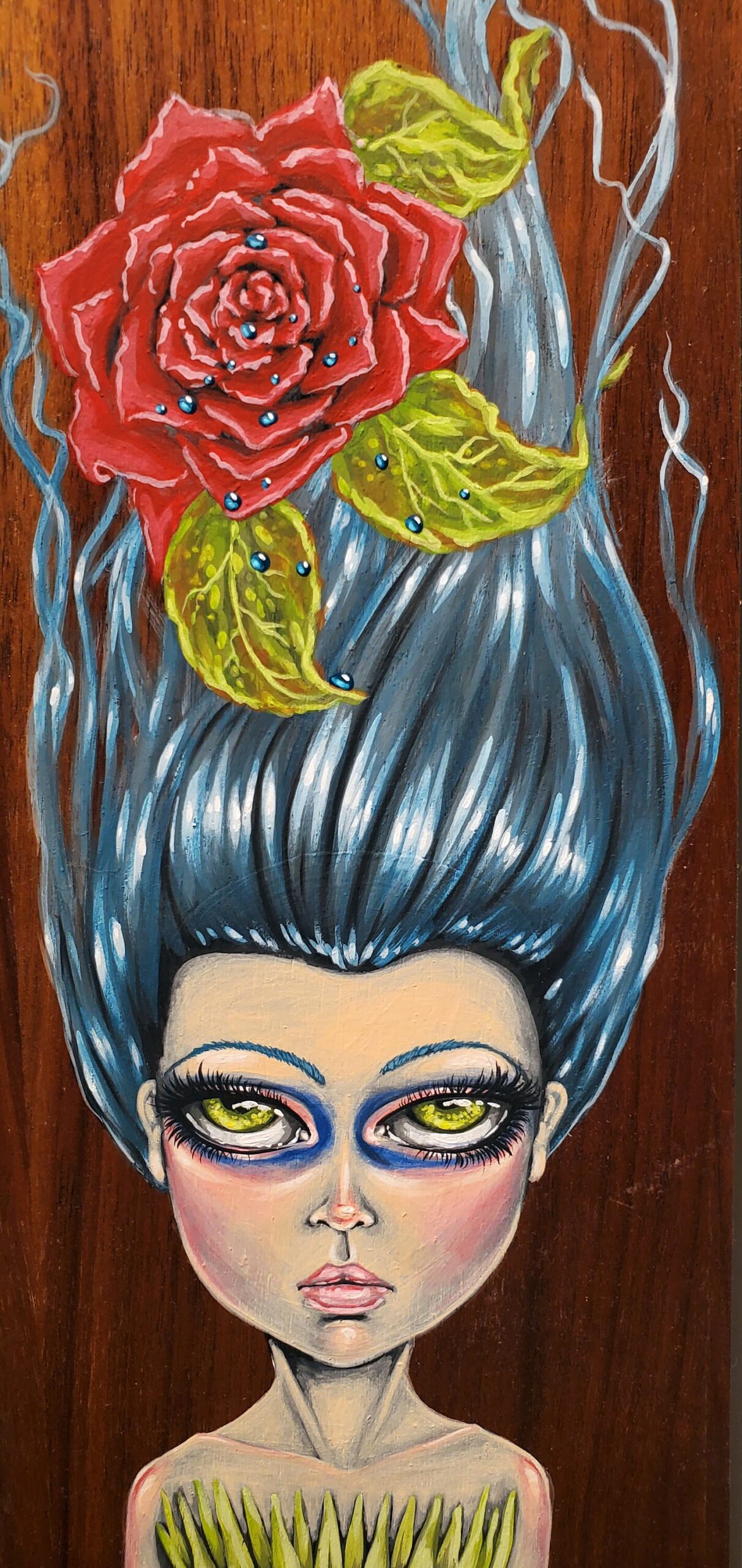 Untitled blue haired girl original acrylic painting on wood - Image 4