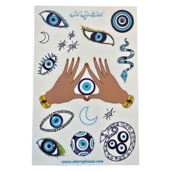 Evil eye multi sticker sheet showing 14 different sticker variations on an evil eye theme with colors of blue white yellow and green, there are eyes snakes moons stars and hands