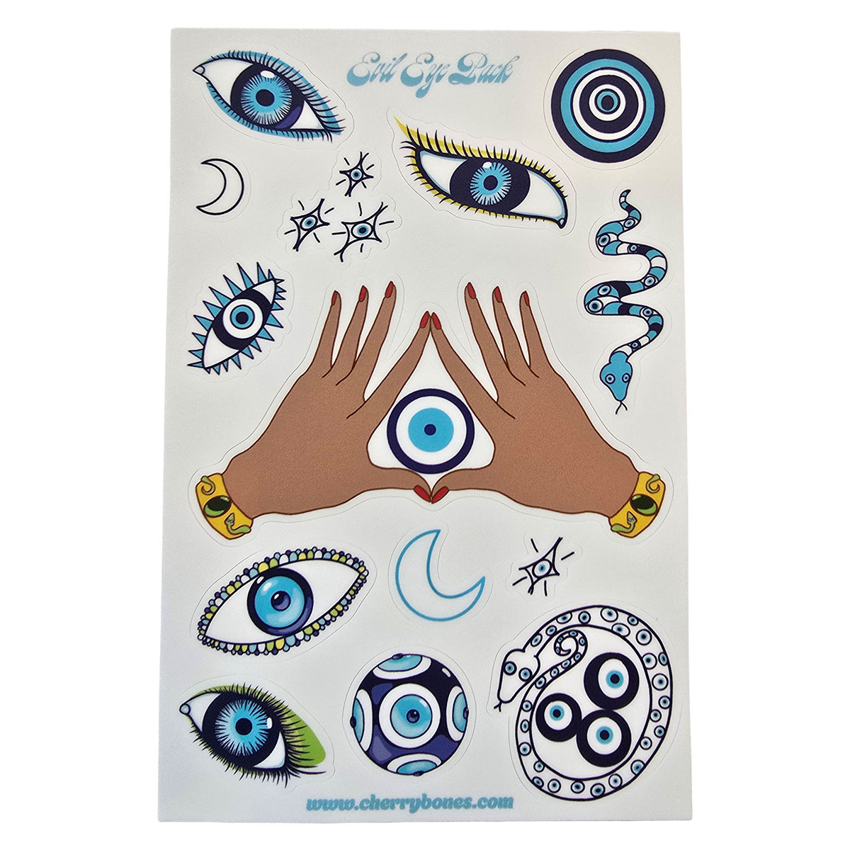 Evil eye multi sticker sheet showing 14 different sticker variations on an evil eye theme with colors of blue white yellow and green, there are eyes snakes moons stars and hands